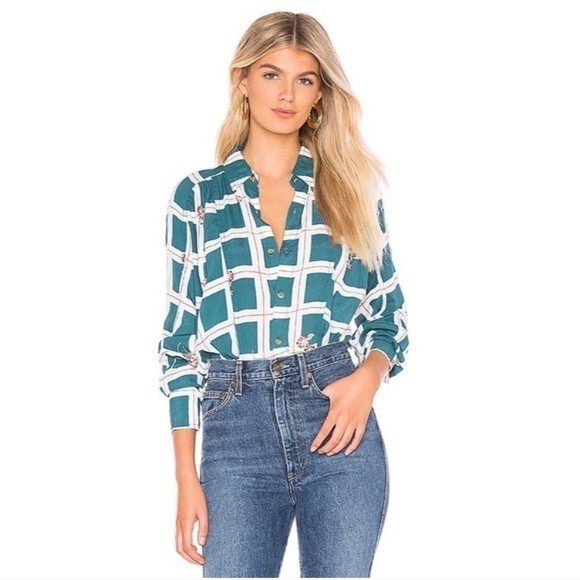 Free People Window To My Heart White/Green Button Down Shirt Size Small - Picture 15 of 16